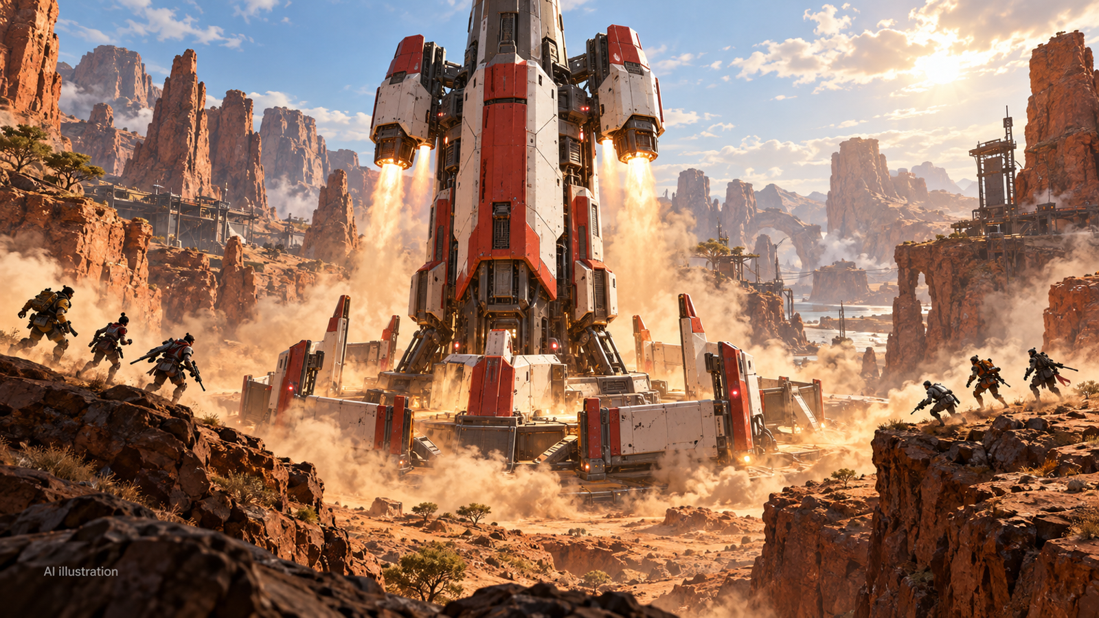 AI illustration of an Apex-inspired descending Stronghold with deployed cover on a rocky battlefield