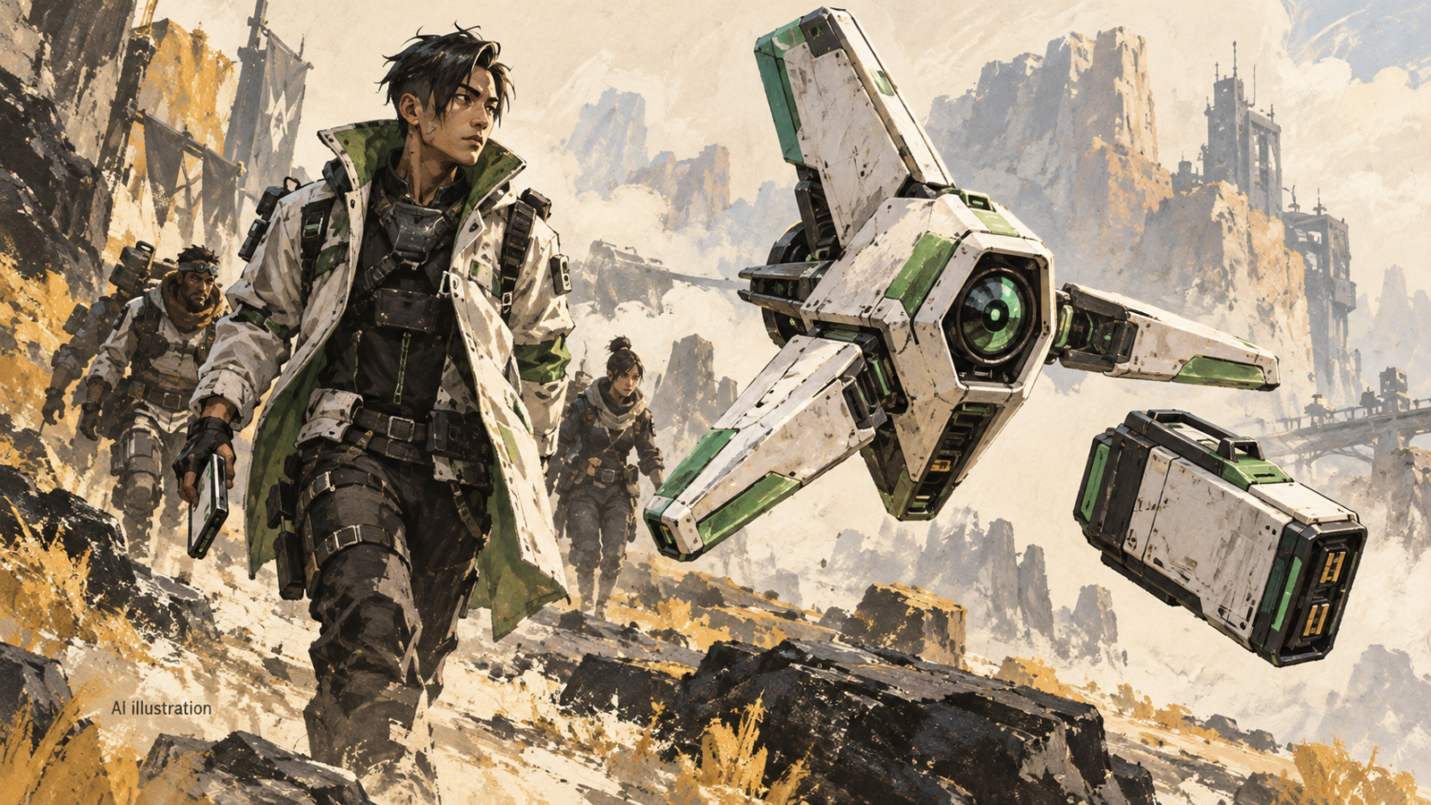 AI gouache illustration of Crypto moving beside his white-and-green Hack drone and a conceptual battery pack