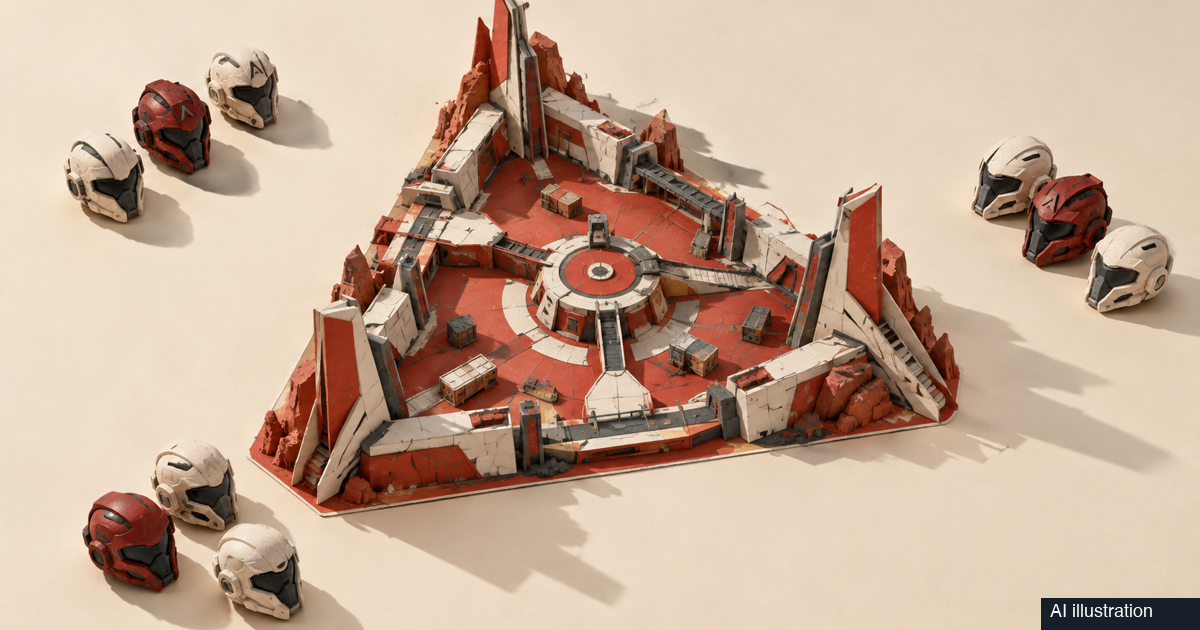 AI editorial illustration of separated futuristic squad tokens around a triangular Apex-inspired arena