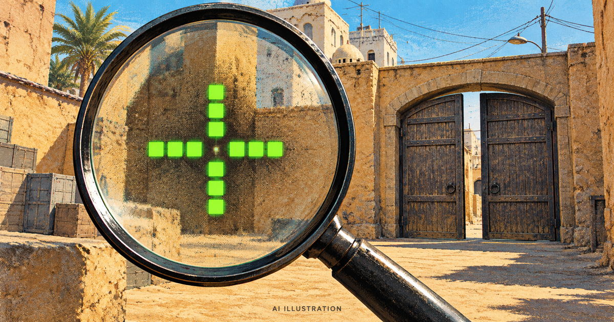 AI illustration of a green aiming crosshair and magnified pixels against a Dust II-inspired courtyard