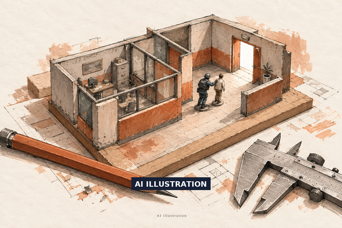 AI ink-and-wash model of a Counter-Strike-inspired office rescue corridor, with civilian and CT miniatures beside drafting tools