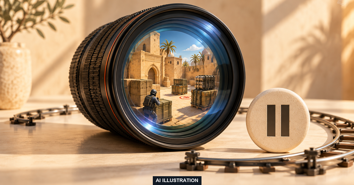 AI editorial illustration of a Counter-Strike-inspired sandy bombsite frozen inside a camera lens beside a pause control