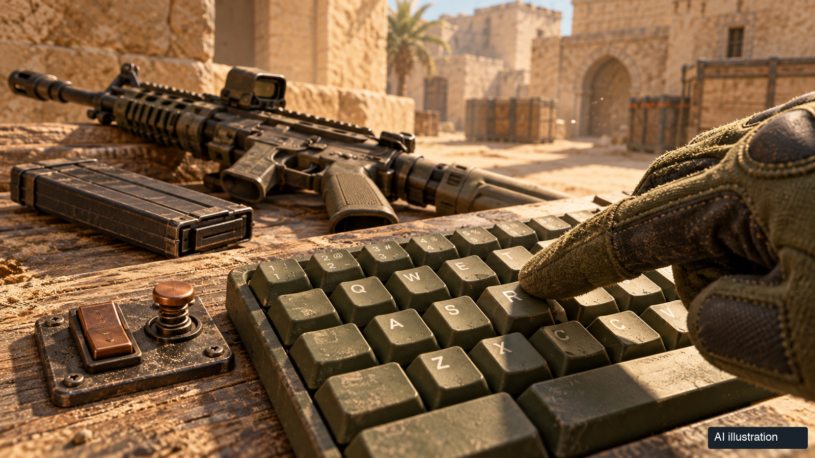 Conceptual AI illustration of a rifle, magazine and reload key on a sandstone tactical workbench
