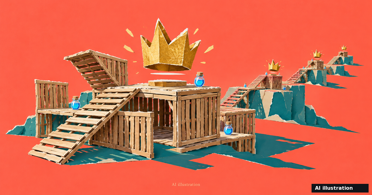 AI cut-paper illustration of a Fortnite-style wooden build arena with a large gold crown and smaller victory tokens