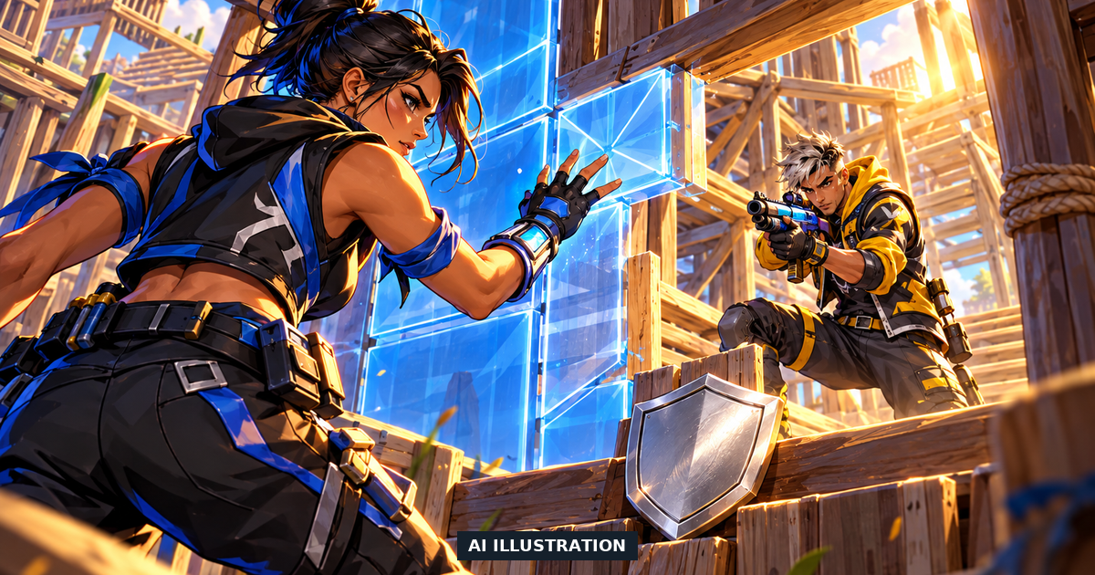AI comic illustration of two Fortnite-inspired competitors facing off around wooden boxfight builds, with an unlettered platinum-coloured shield