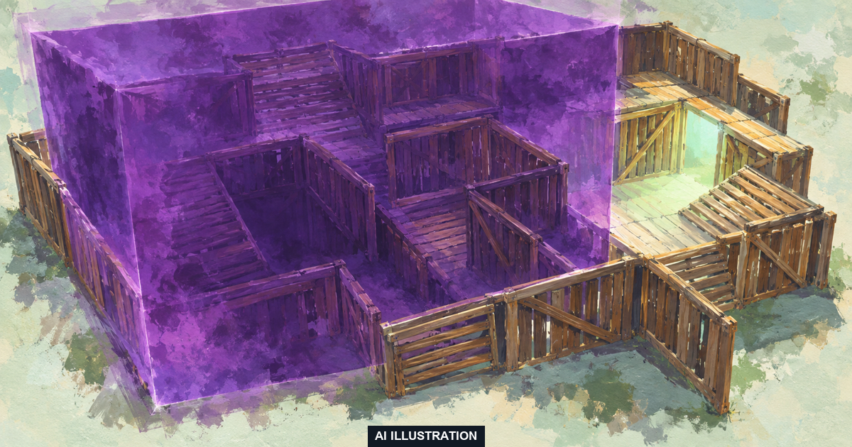 AI illustration of a Fortnite-inspired wooden boxfight room squeezed by a violet storm toward an off-centre opening