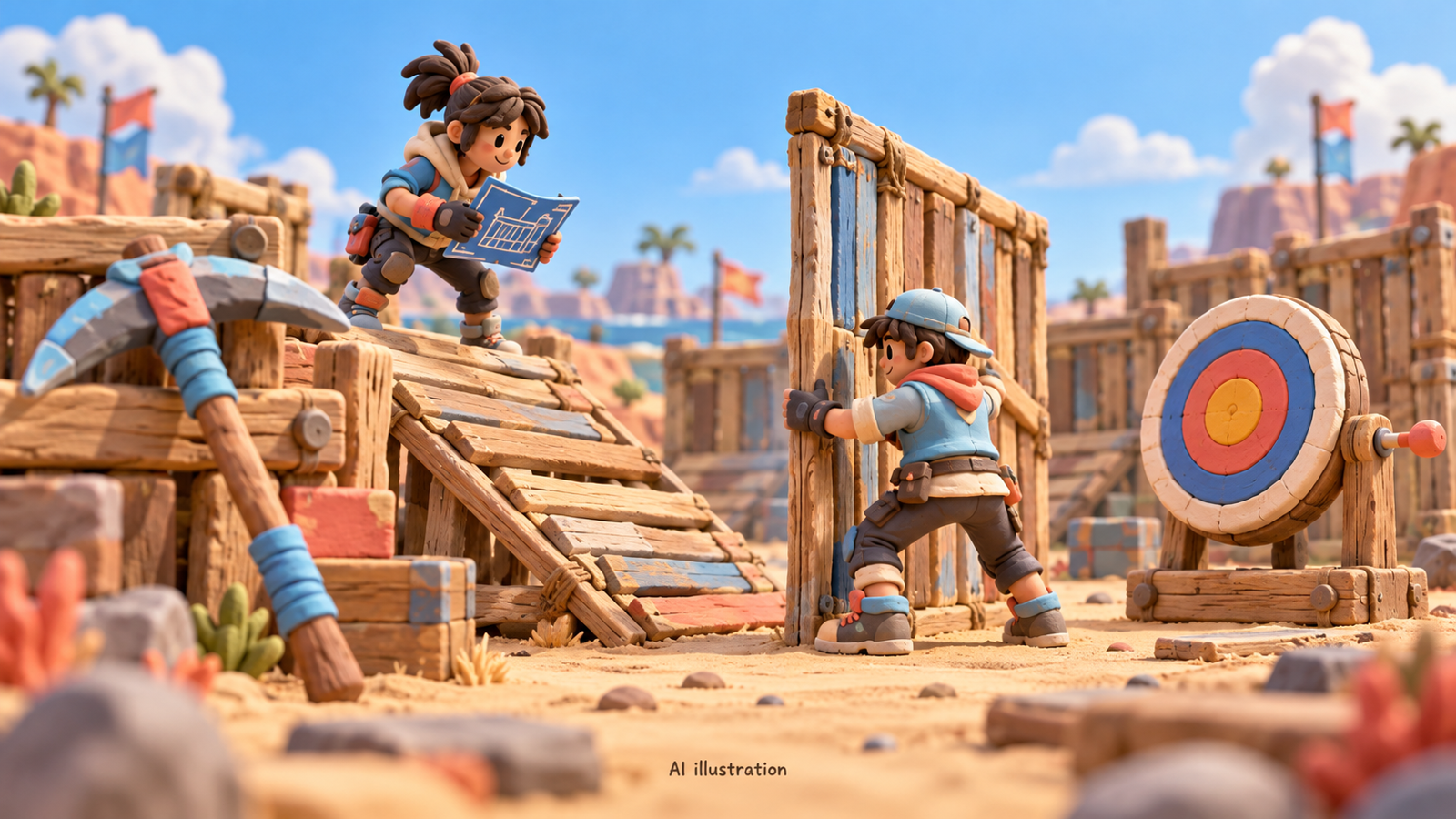 AI illustration of a Fortnite-style practice duel with wooden builds and a resettable target