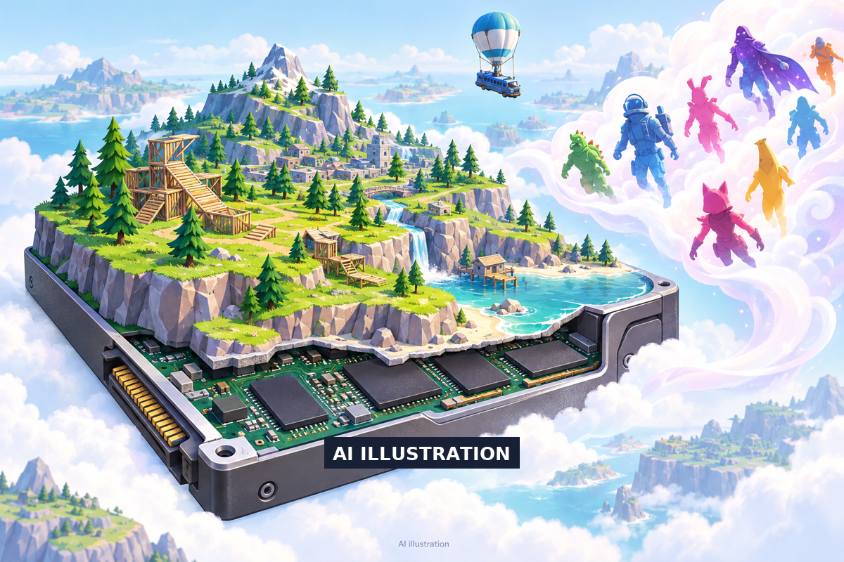 AI cutaway illustration of a Fortnite-inspired island and wooden builds on a computer storage drive, with costumes arriving separately on a cloud ribbon