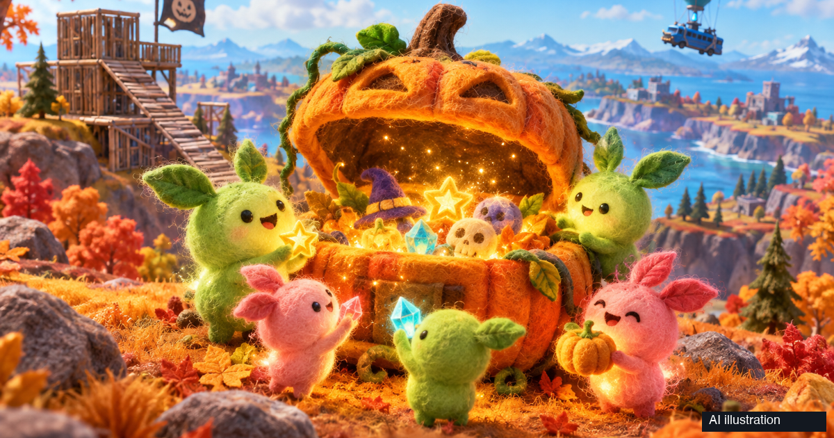 AI illustration of small glowing Fortnite-inspired Sprites gathering around a pumpkin chest on a bright autumn island