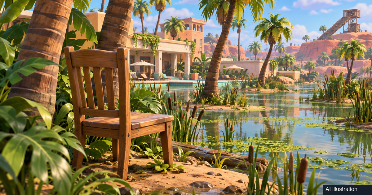 AI illustration of a wooden chair among palms in a marshy Fortnite-inspired desert resort
