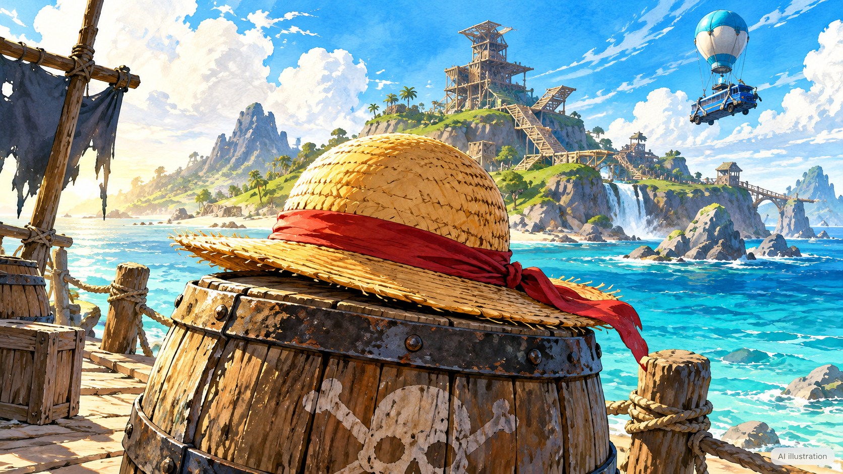 Conceptual AI illustration of a red-ribbon straw hat on a pirate barrel, with Fortnite-style builds and a Battle Bus over an island