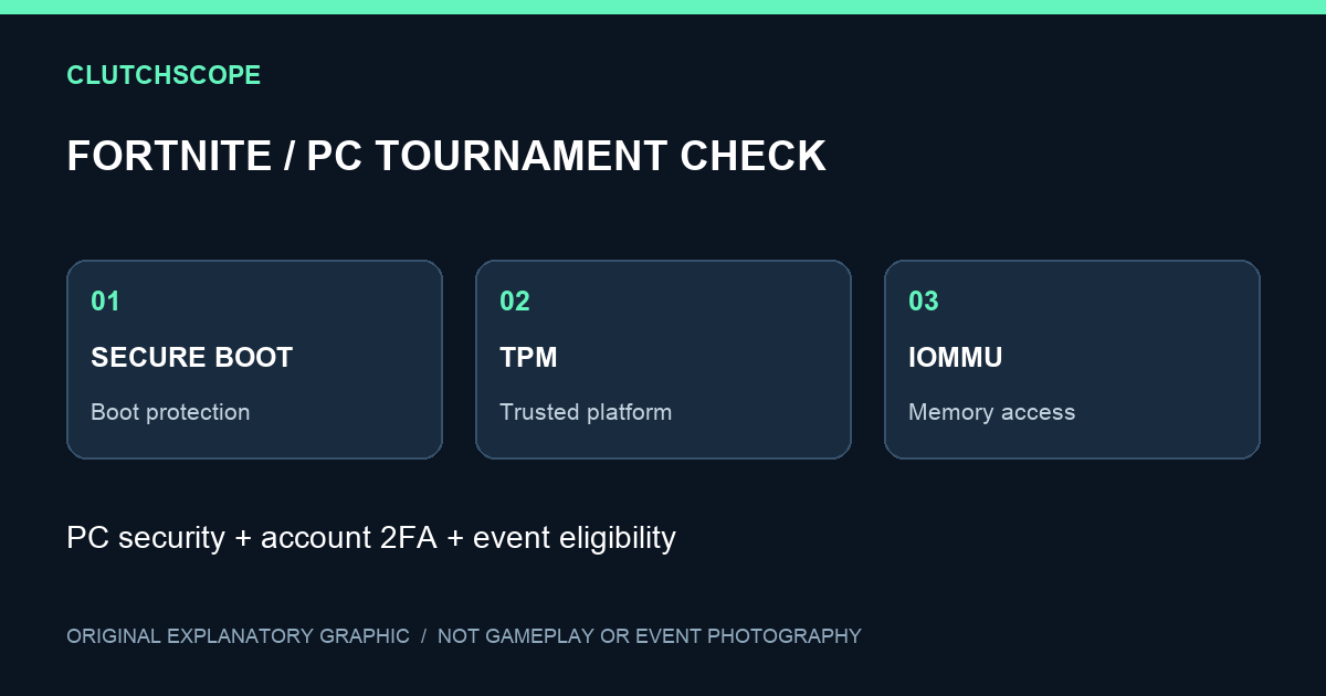 Original checklist diagram separating Secure Boot, TPM and IOMMU on the PC from account 2FA and event entry rules.