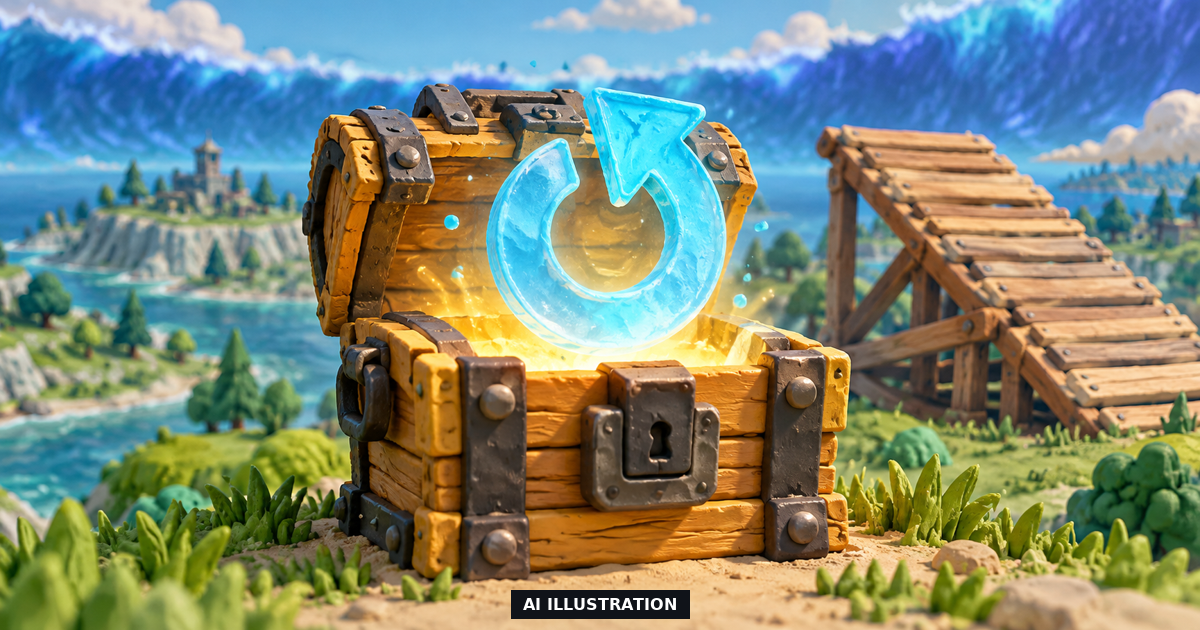 AI clay-style illustration of a Fortnite-inspired gold chest and floating blue reboot symbol among small wooden builds