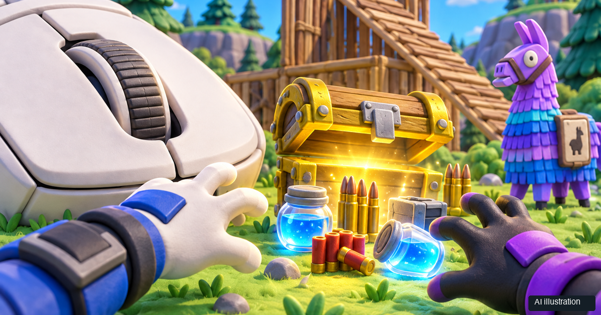 Conceptual AI diorama of a gaming mouse scroll wheel beside Fortnite-inspired floor loot, a supply llama and a wooden ramp