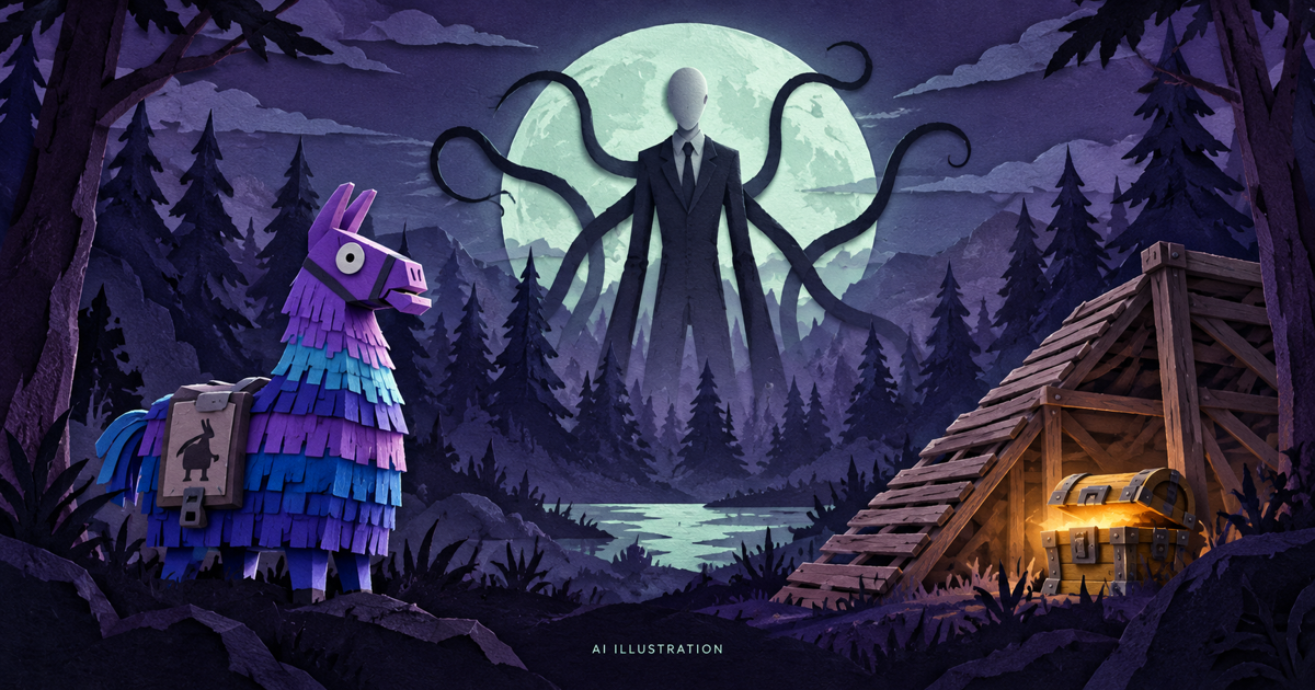 AI paper-cut illustration of Slender Man in a forest with a Fortnite-inspired loot llama and wooden ramp