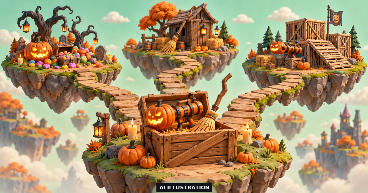 AI clay illustration of a Fortnite-inspired island with wooden builds, a pumpkin weapon crate and separate paths
