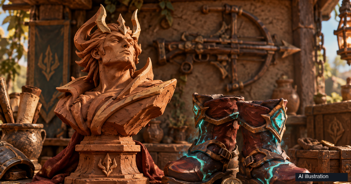 AI illustration of a League-inspired carved victory statue and enchanted boots on a merchant bench, with a ranged weapon in the background