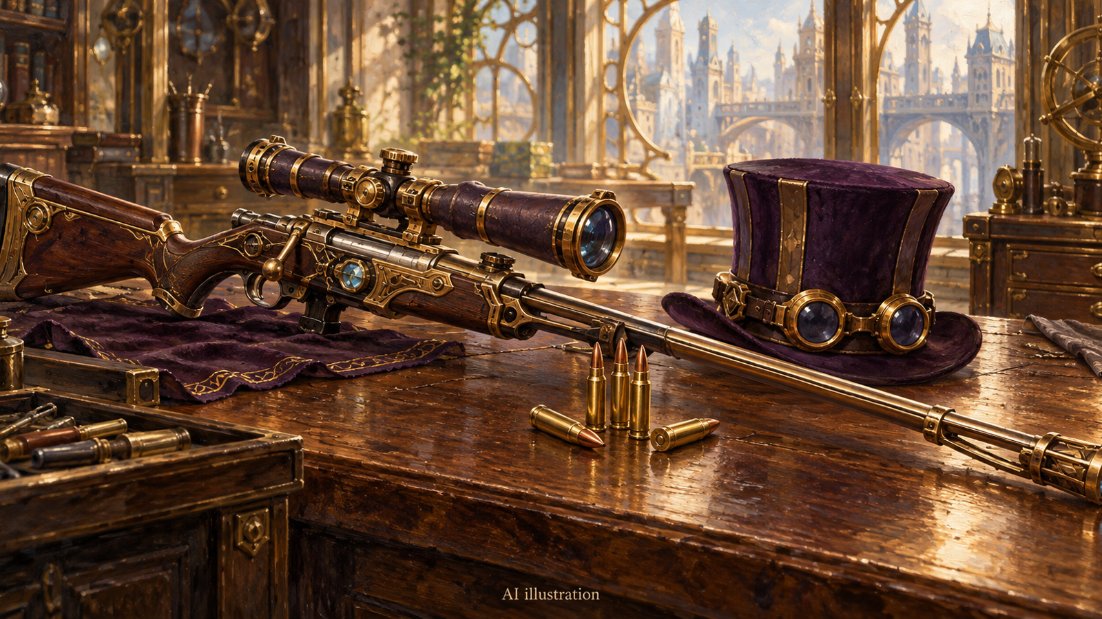 AI illustration of Caitlyn’s long rifle and top hat with brass ammunition on a Piltover workbench