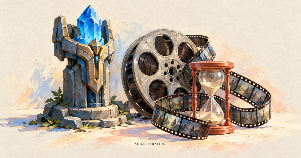 AI illustration of a blue Summoner’s Rift-inspired turret beside a film reel and hourglass