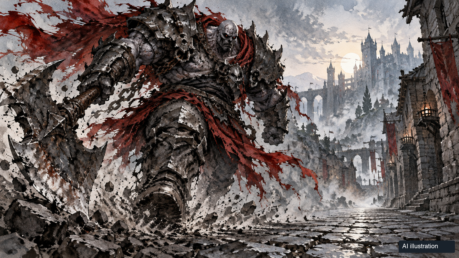 AI illustration of a massive armoured undead juggernaut charging along a League-inspired stone lane