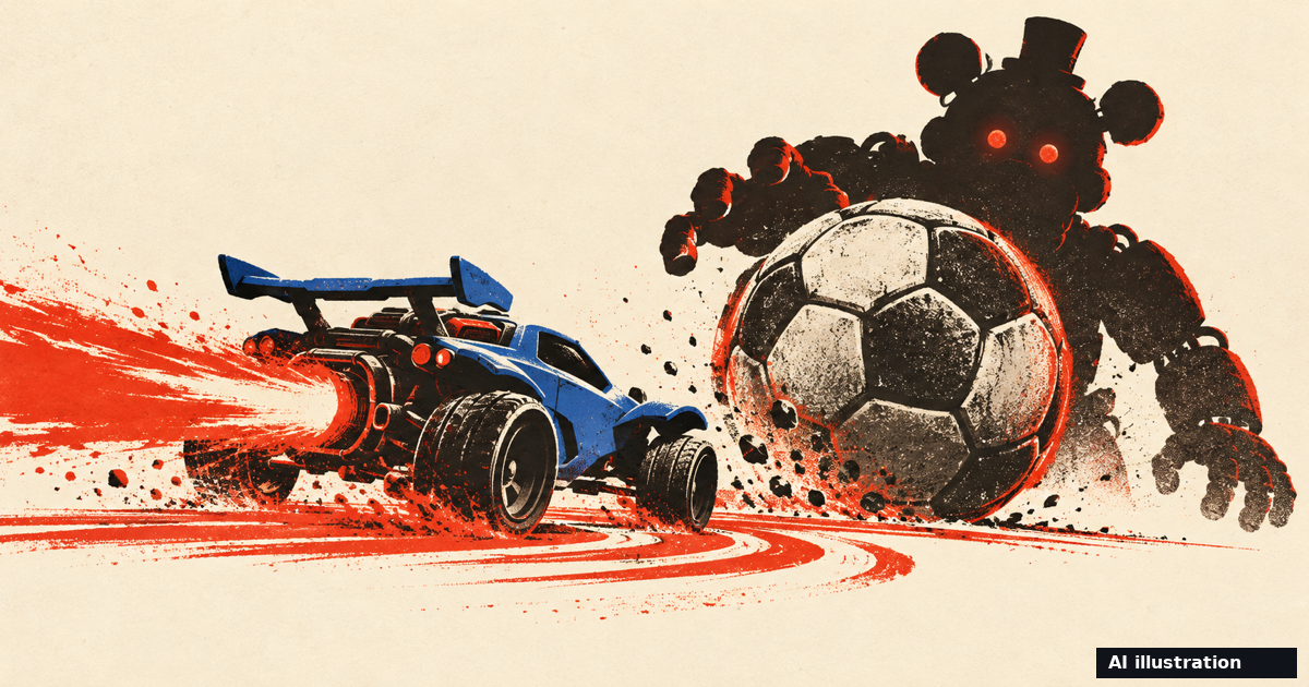 AI screen-print illustration of a Rocket League-style rocket car facing a soccer ball and a top-hatted animatronic bear silhouette