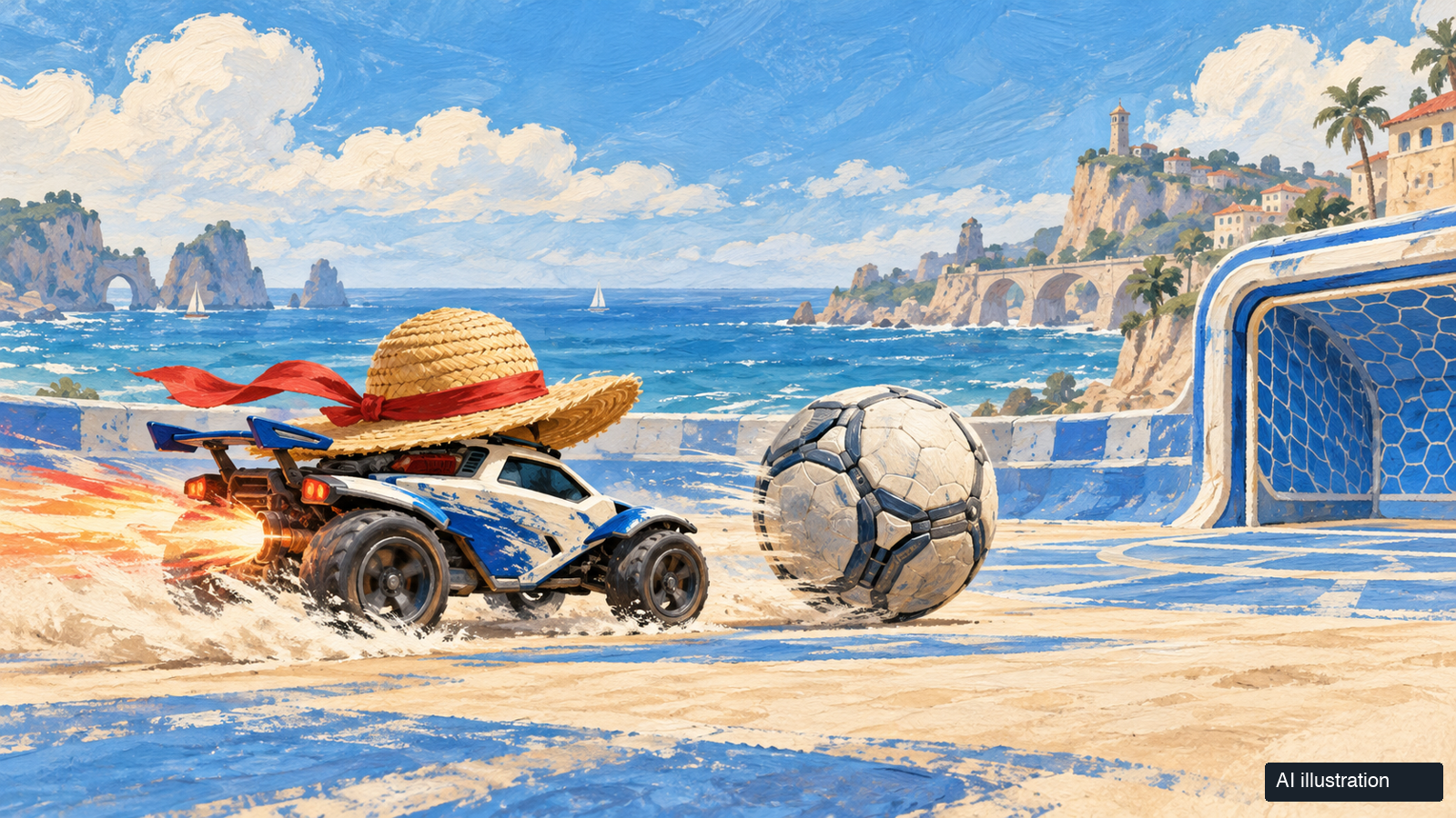 AI illustration of a rocket-powered football car wearing a red-ribbon straw hat beside a ball on a coastal pitch