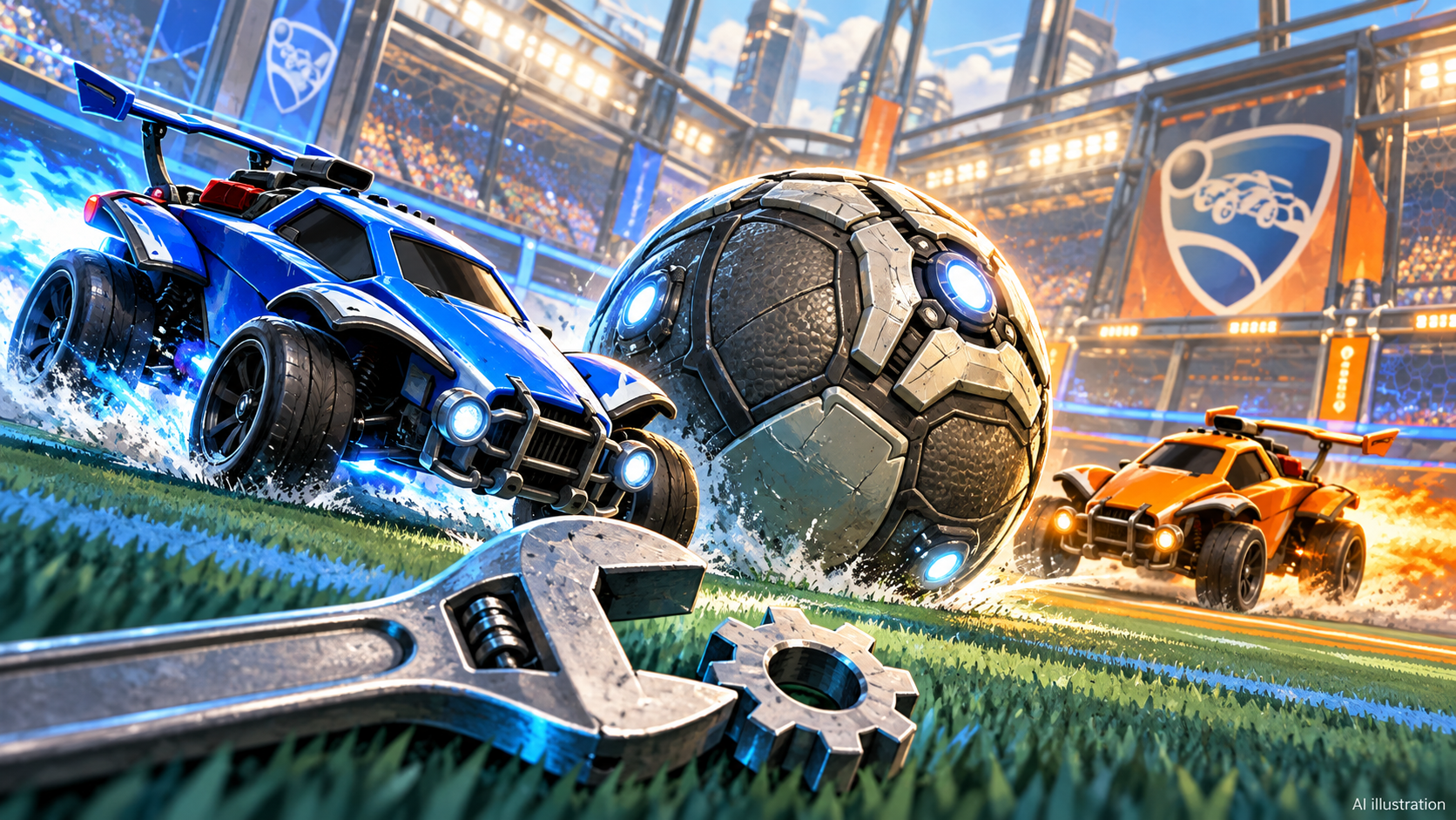 AI illustration: Blue and orange rocket cars beside a football, with a wrench and gear representing game fixes