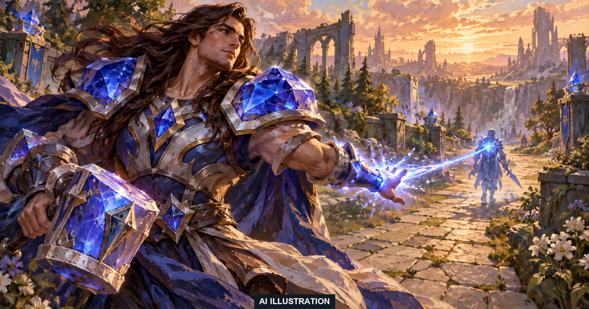 AI painted illustration of a Taric-inspired gem-armoured guardian projecting a sapphire tether toward a fading ally