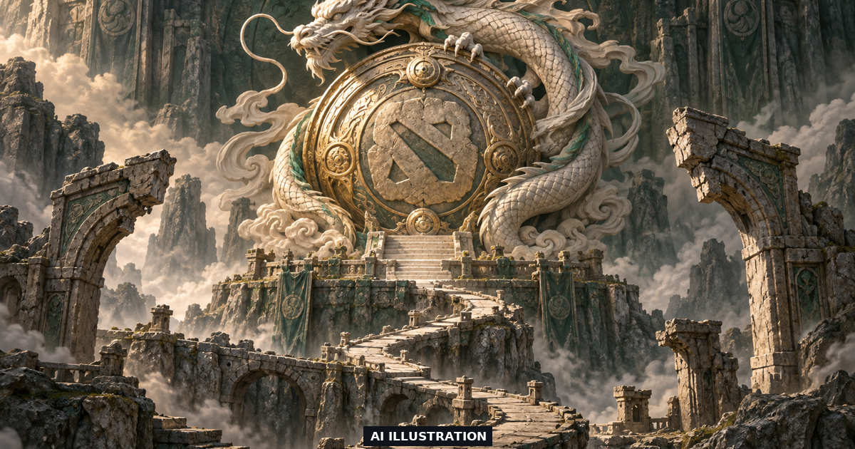 AI sculptural illustration of a Dota-inspired Aegis shield and a pale spirit dragon above a branching stone path
