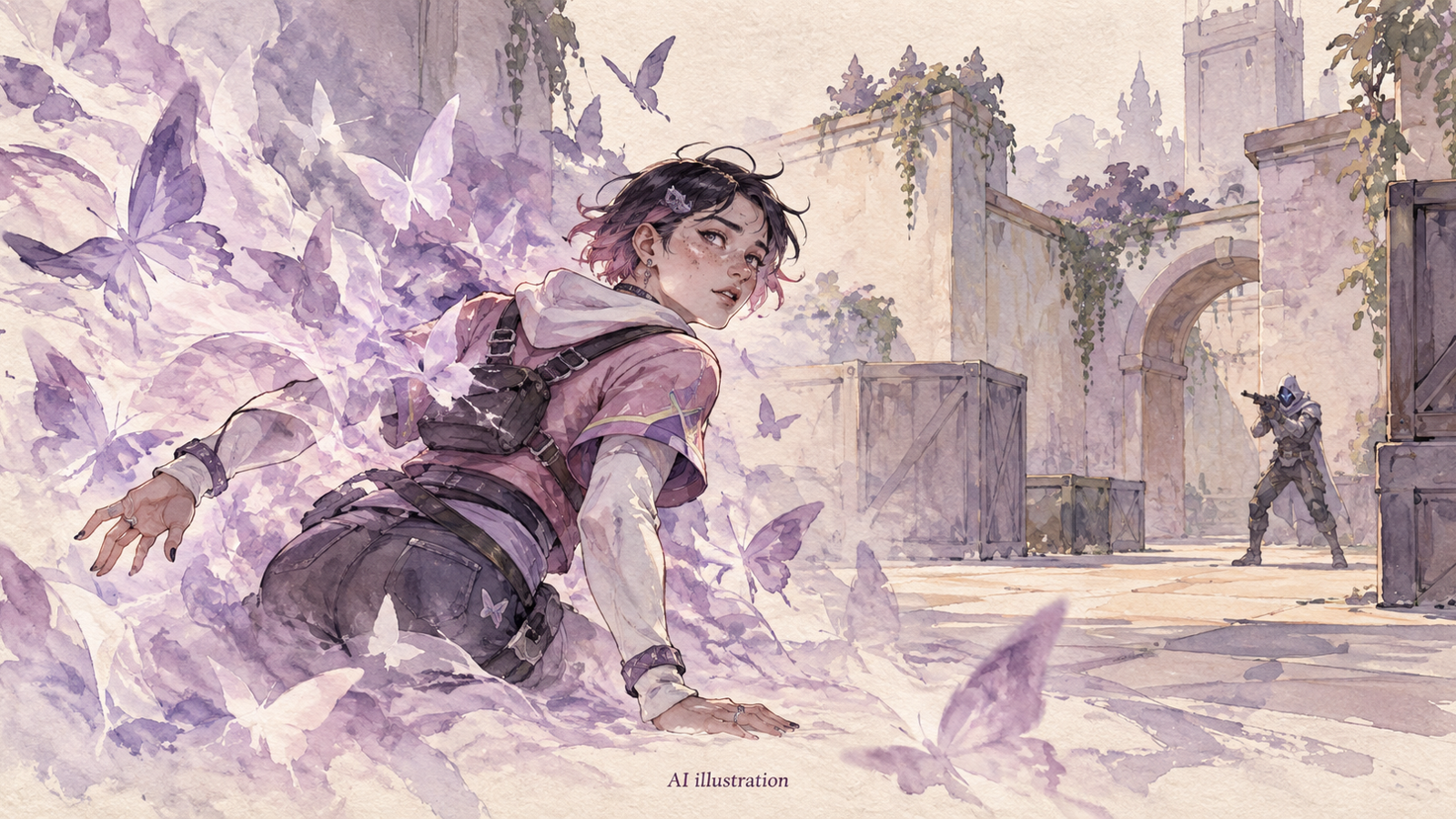 AI illustration of VALORANT’s Clove with butterfly-like revival energy and an opposing agent in a stylized courtyard