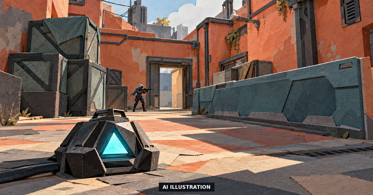 AI cut-paper illustration of a VALORANT-inspired industrial courtyard with a metal half wall, stacked boxes and a cyan Spike