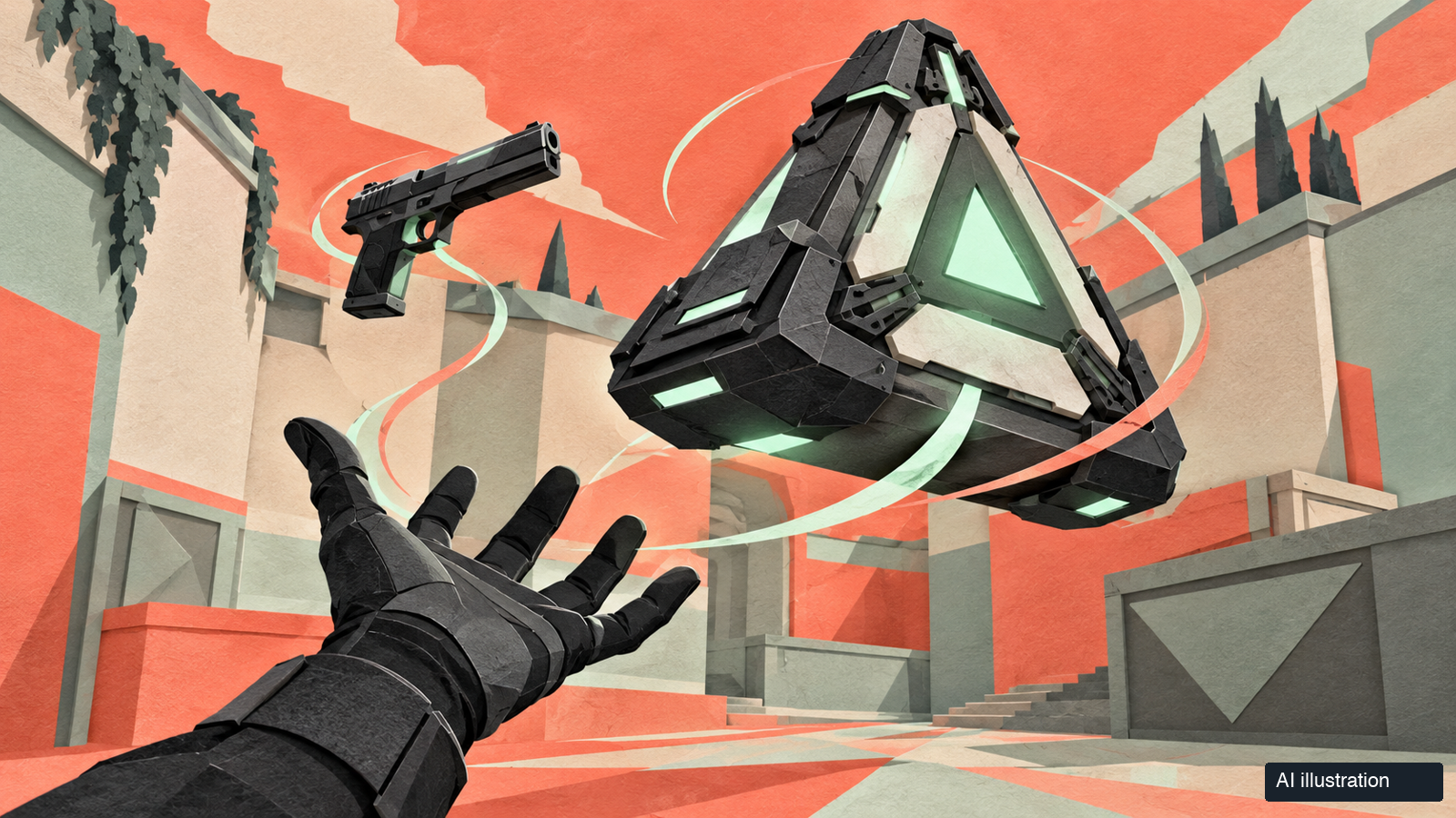Conceptual AI papercraft illustration of a triangular Spike and sidearm levitating above a gloved hand