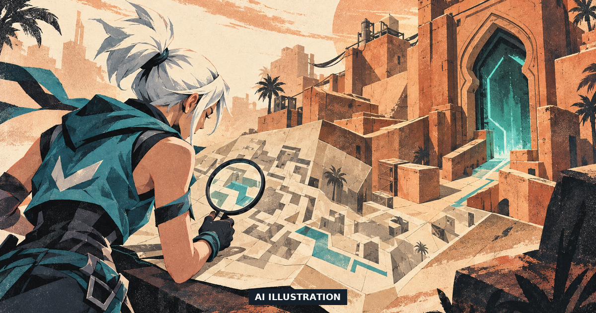 AI screen-print illustration of a Jett-inspired agent studying a folded map that opens into a Bind-inspired sandy teleport doorway