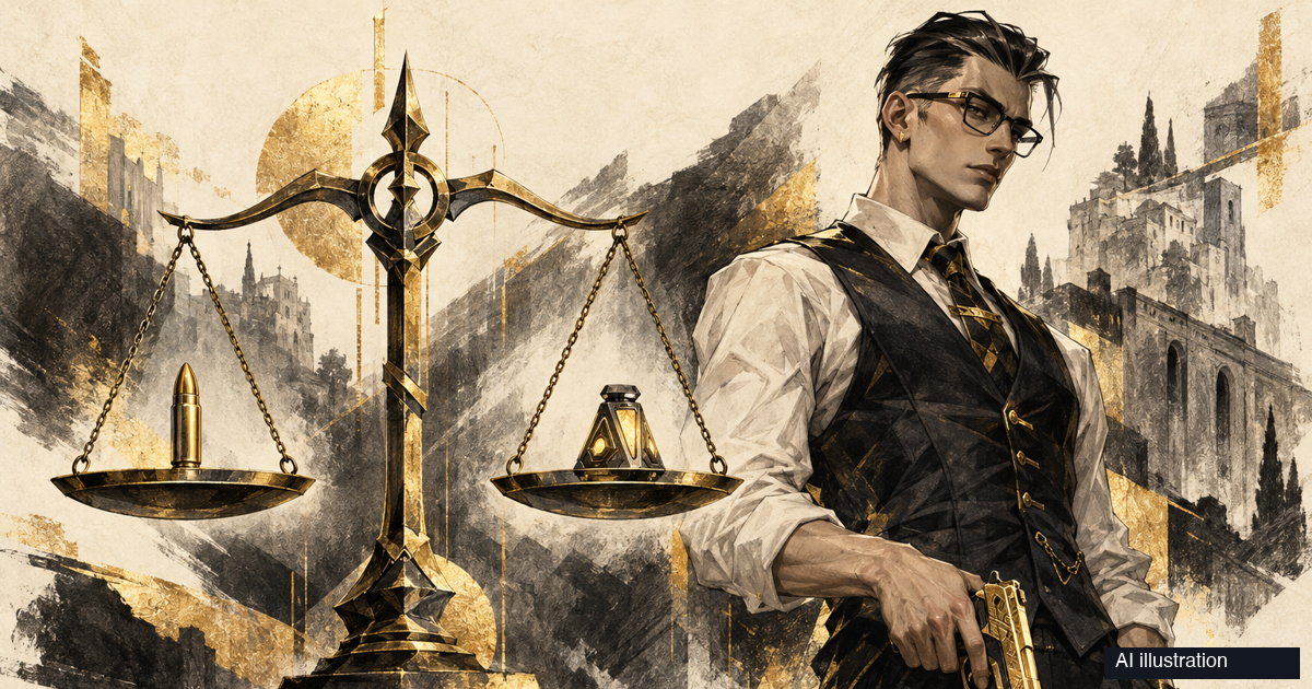 AI editorial illustration of a Chamber-inspired suited agent with a golden pistol beside a balance of bullet and utility symbols