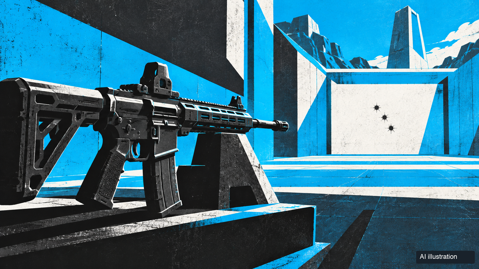 AI illustration of a tactical rifle and three progressively spaced impact marks in a VALORANT-inspired practice lane