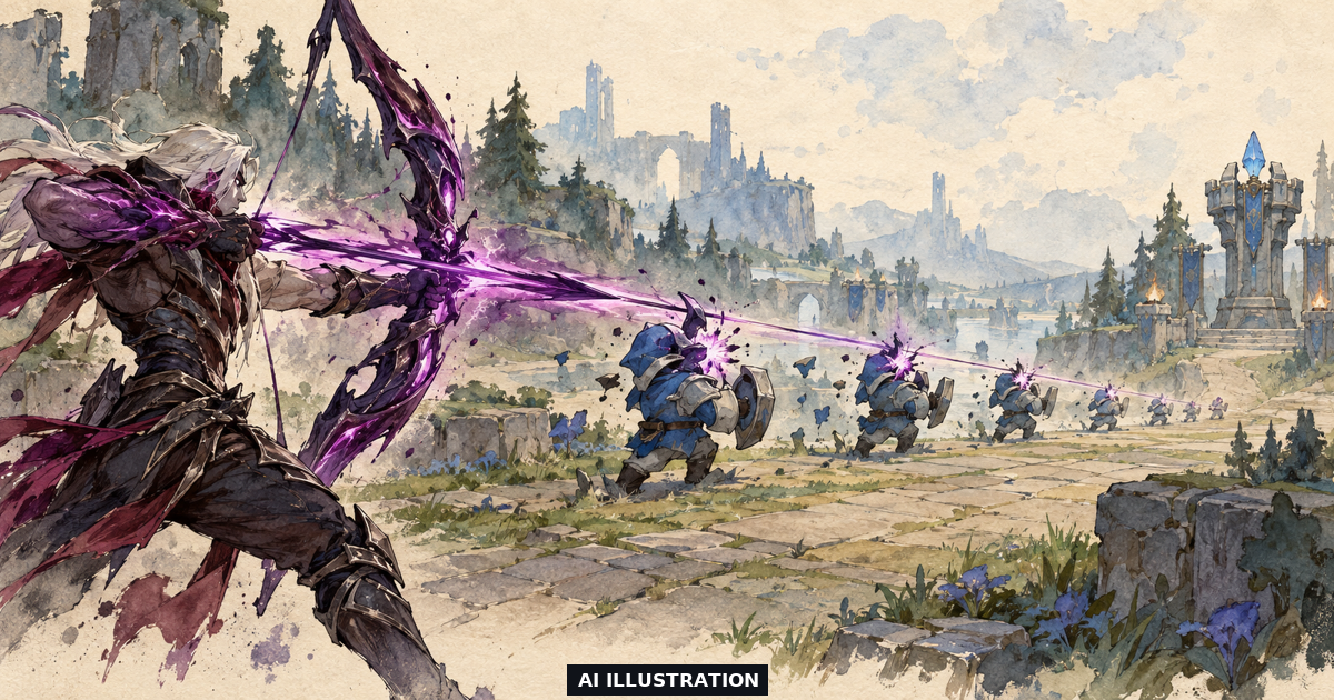 AI ink-and-watercolour illustration of Varus-inspired purple bow energy passing through a line of minions