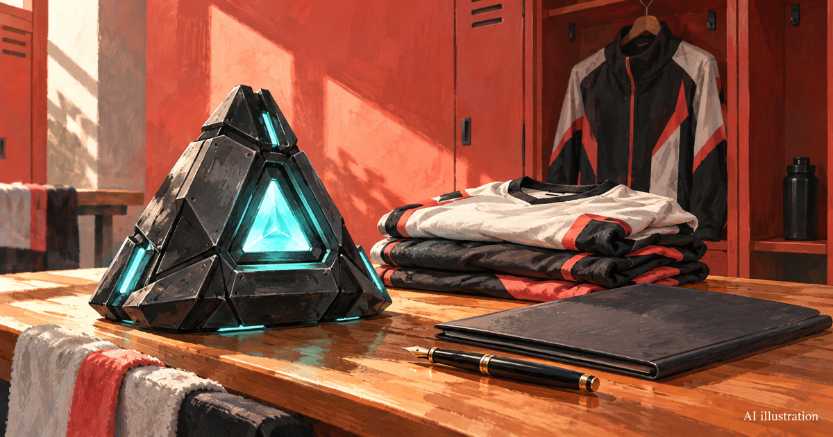Conceptual AI illustration of a VALORANT-inspired Spike beside esports team clothing and an unlettered contract folder