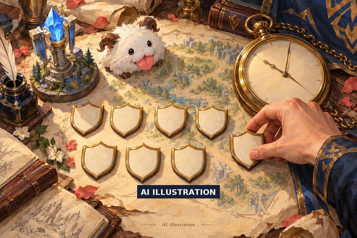 AI-painted strategy desk with a League-inspired blue crystal turret, a Poro, eight blank prediction tokens and a brass timepiece
